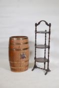 A coopered oak barrel/stick stand, 24" high, and a cake stand