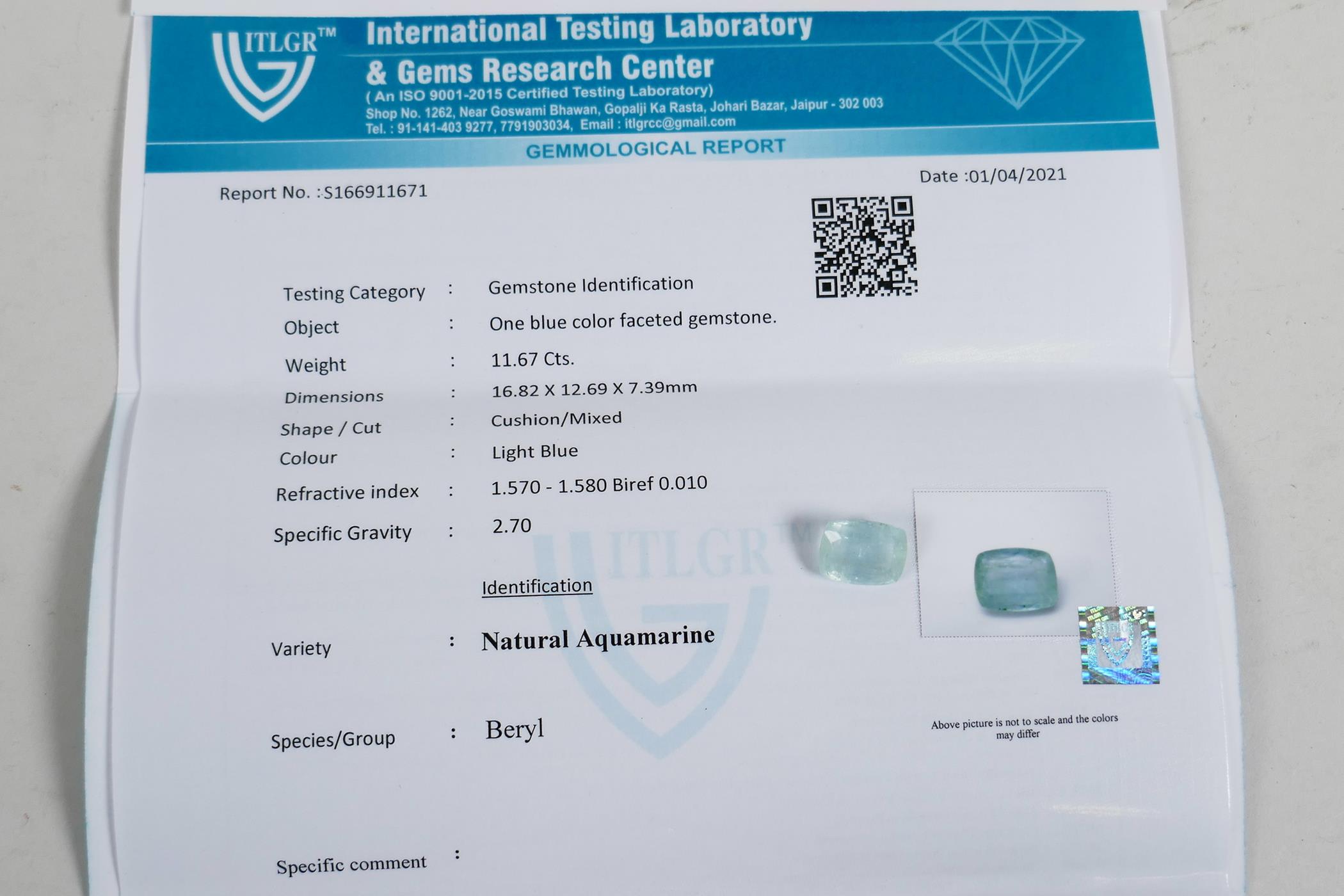 An 11.67ct natural aquamarine, cushion mixed cut, ITLGR certified, with certificate - Image 5 of 5