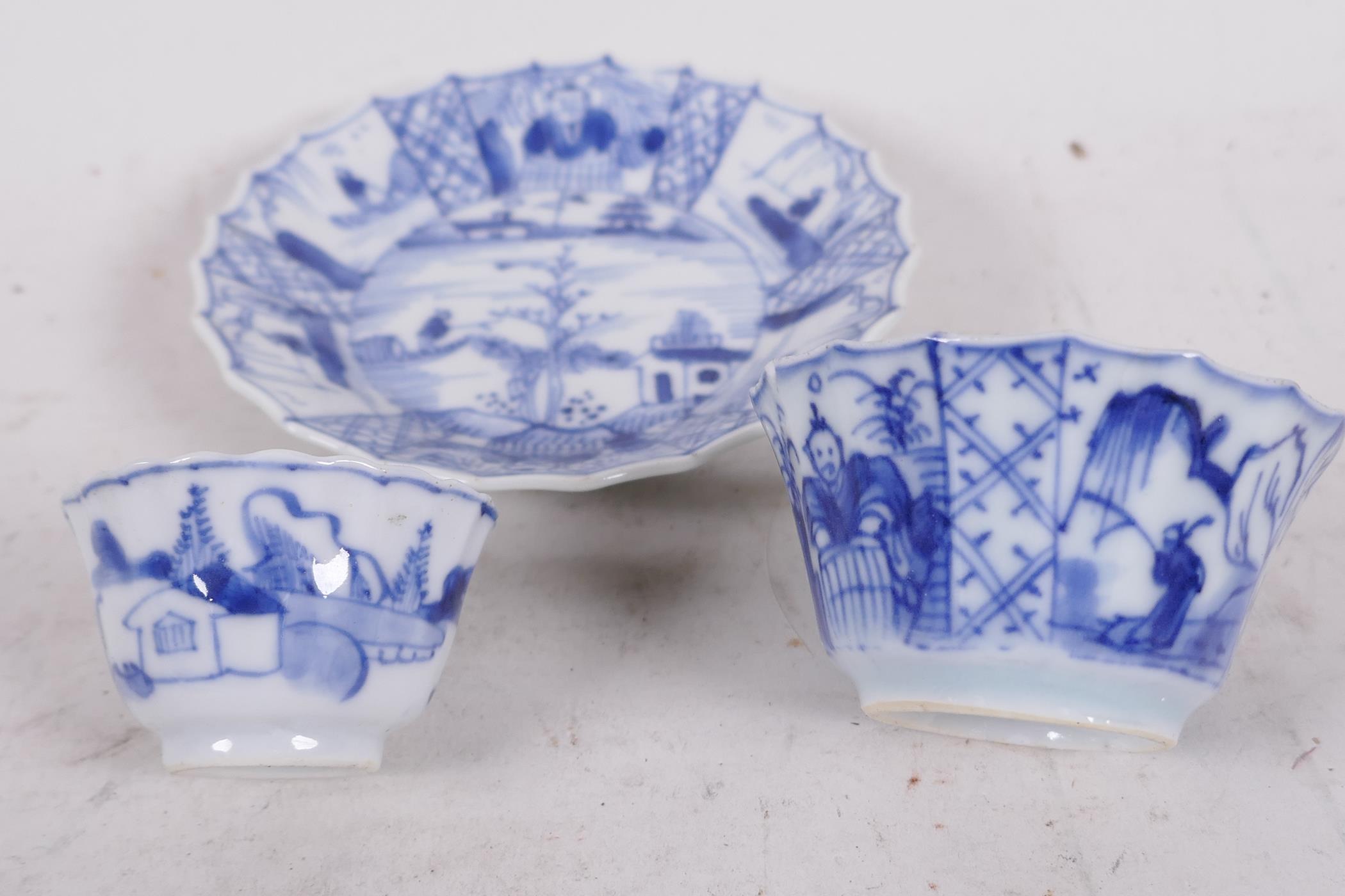 Two Chinese Yongzheng (1723-1735) blue and white fluted tea bowls with a matching saucer, saucer - Image 6 of 7