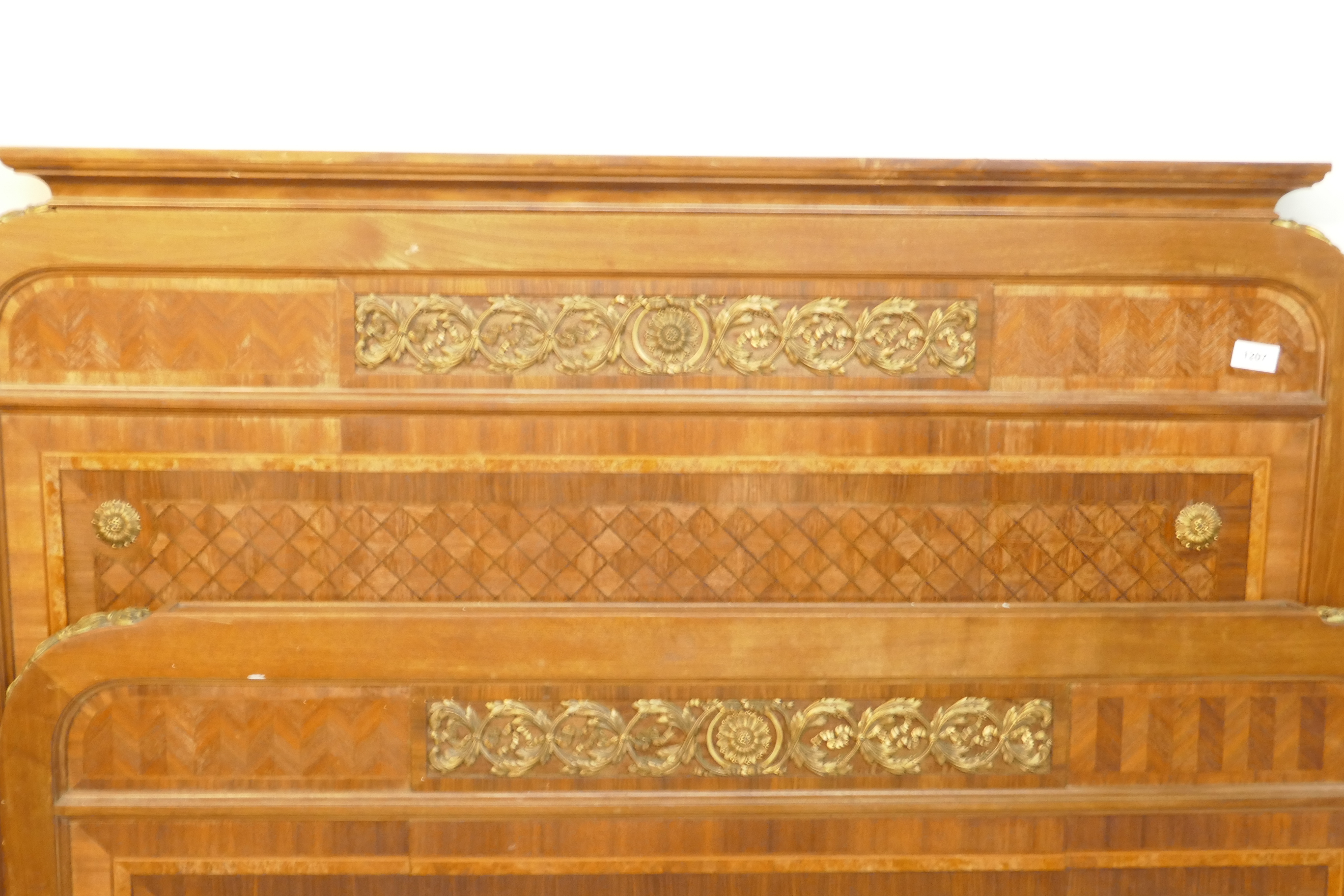 A C19th French walnut bed with parquetry inlaid head and footboard, and ormolu mounts, 49" x 51" x - Image 2 of 5