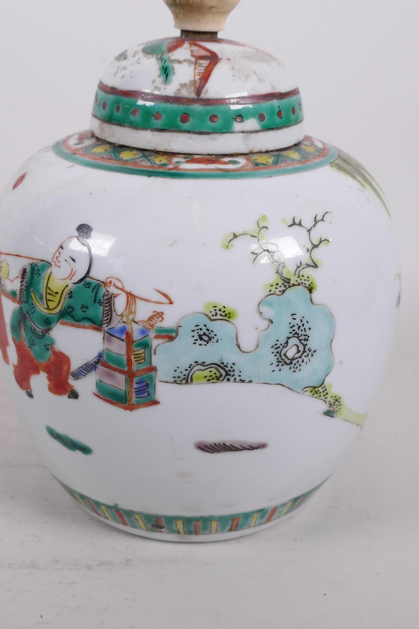 A Chinese famille verte ginger jar and cover converted to a lamp, painted with travellers on the - Image 3 of 5