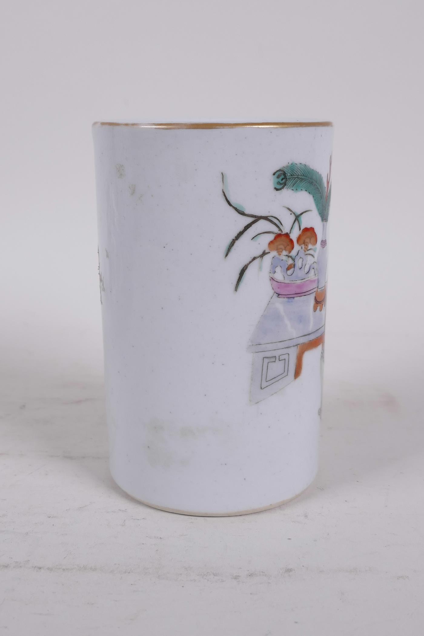 A Chinese polychrome porcelain brush pot decorated with women in an interior, seal mark to base, - Image 3 of 4