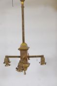 A brass, four branch pendant ceiling lamp, 43" long