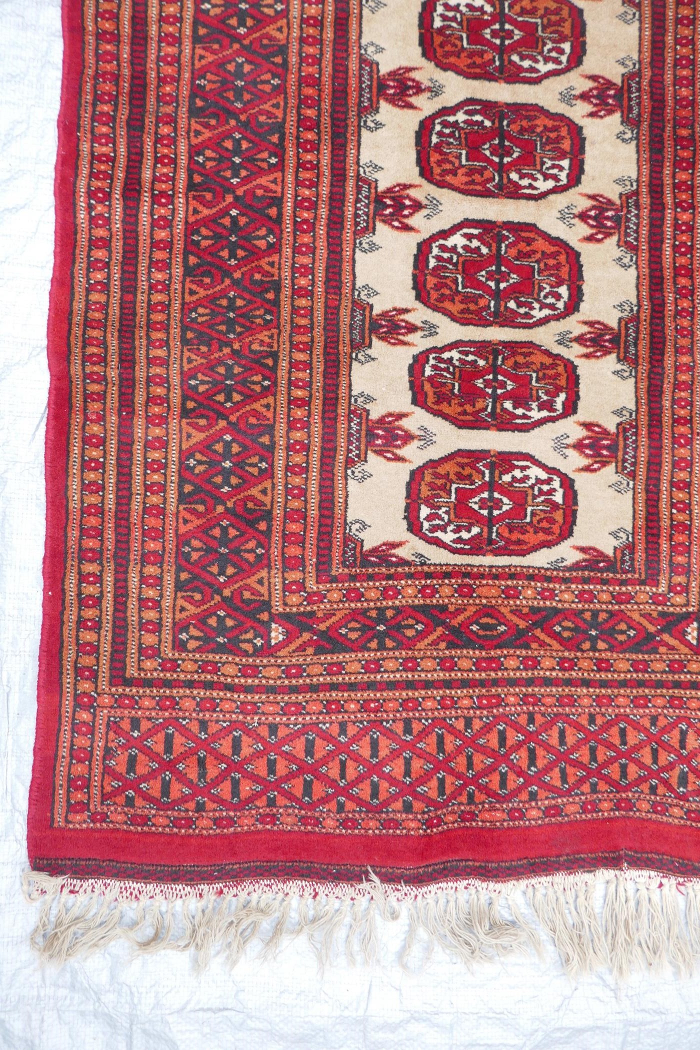 A red ground Turkmen wool rug with a Bokhara design on a cream field, 32" x 48", and another - Image 4 of 5