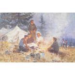 Figures by a campfire, signed Rachmanov(?), Russian oil on board, 11½" x 14½"