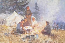 Figures by a campfire, signed Rachmanov(?), Russian oil on board, 11½" x 14½"