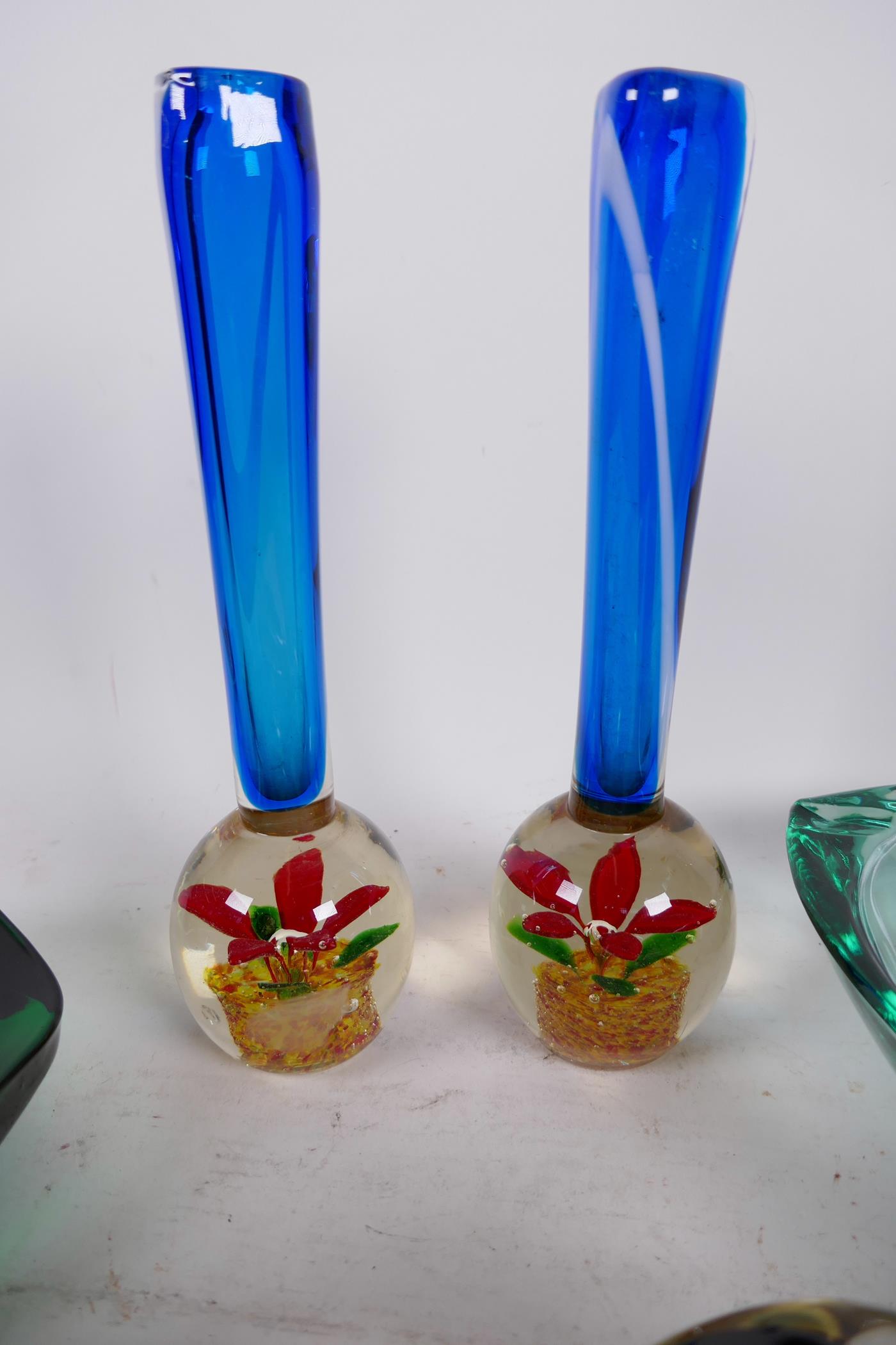 A pair of studio glass specimen vases with floral bases, 8½" high, and a collection of studio - Image 4 of 4