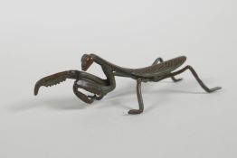 A Japanese Jizai style bronze figure of a mantis, 3½" long