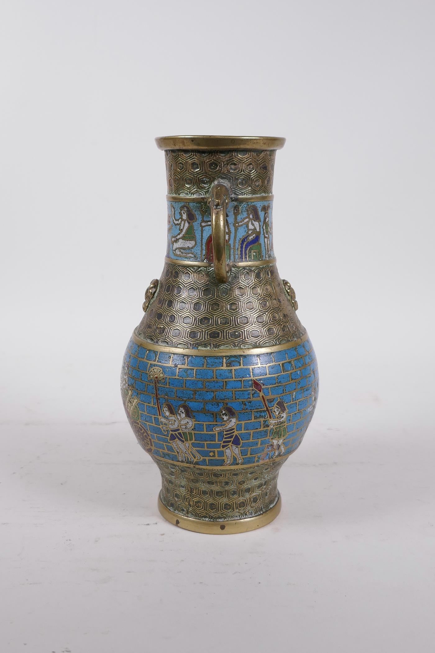 An Eastern bronze cloisonne two handled vase of Chinese form, the cloisonne bands with Egyptian - Image 2 of 6