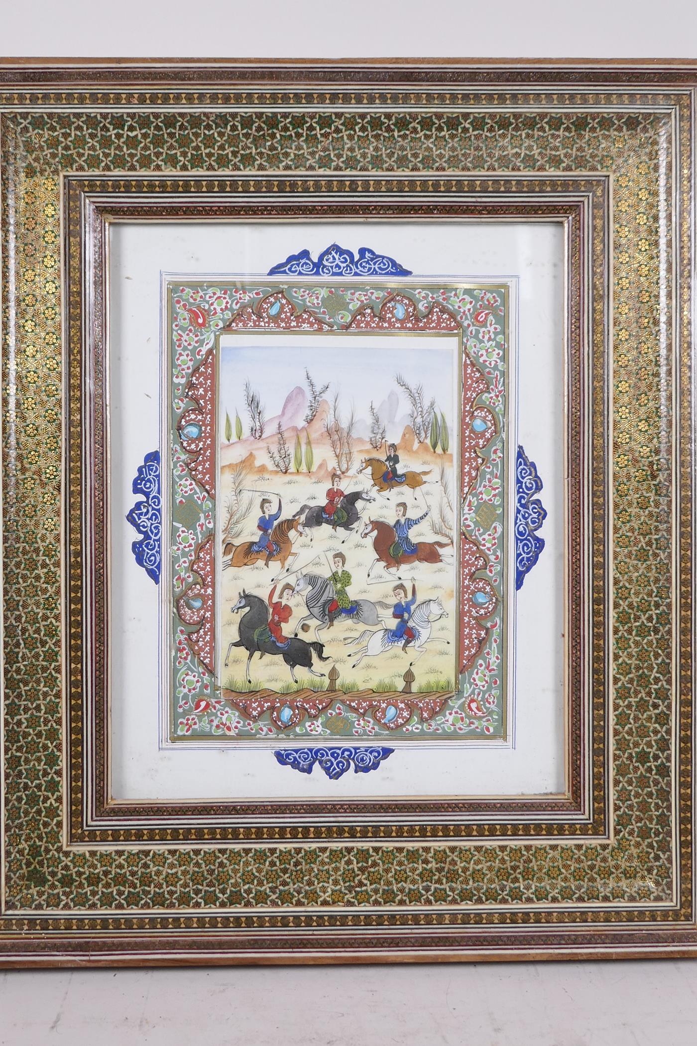 An Indian painting of a polo match in a good micro mosaic frame, 15" x 17½" overall - Image 2 of 4