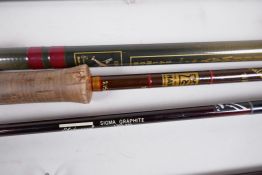 A vintage Hardy Bros Fibalite 7ft spinning rod, together with a Shakespeare Sigma Graphite 1760-