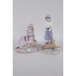 Two Nao porcelain figures, girl with a barrow, 8" high, and girl sailing a paper boat
