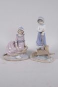 Two Nao porcelain figures, girl with a barrow, 8" high, and girl sailing a paper boat