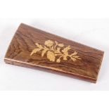 A rosewood and boxwood inlaid etui, containing thimble, scissors and needle case, 4¾" long, catch