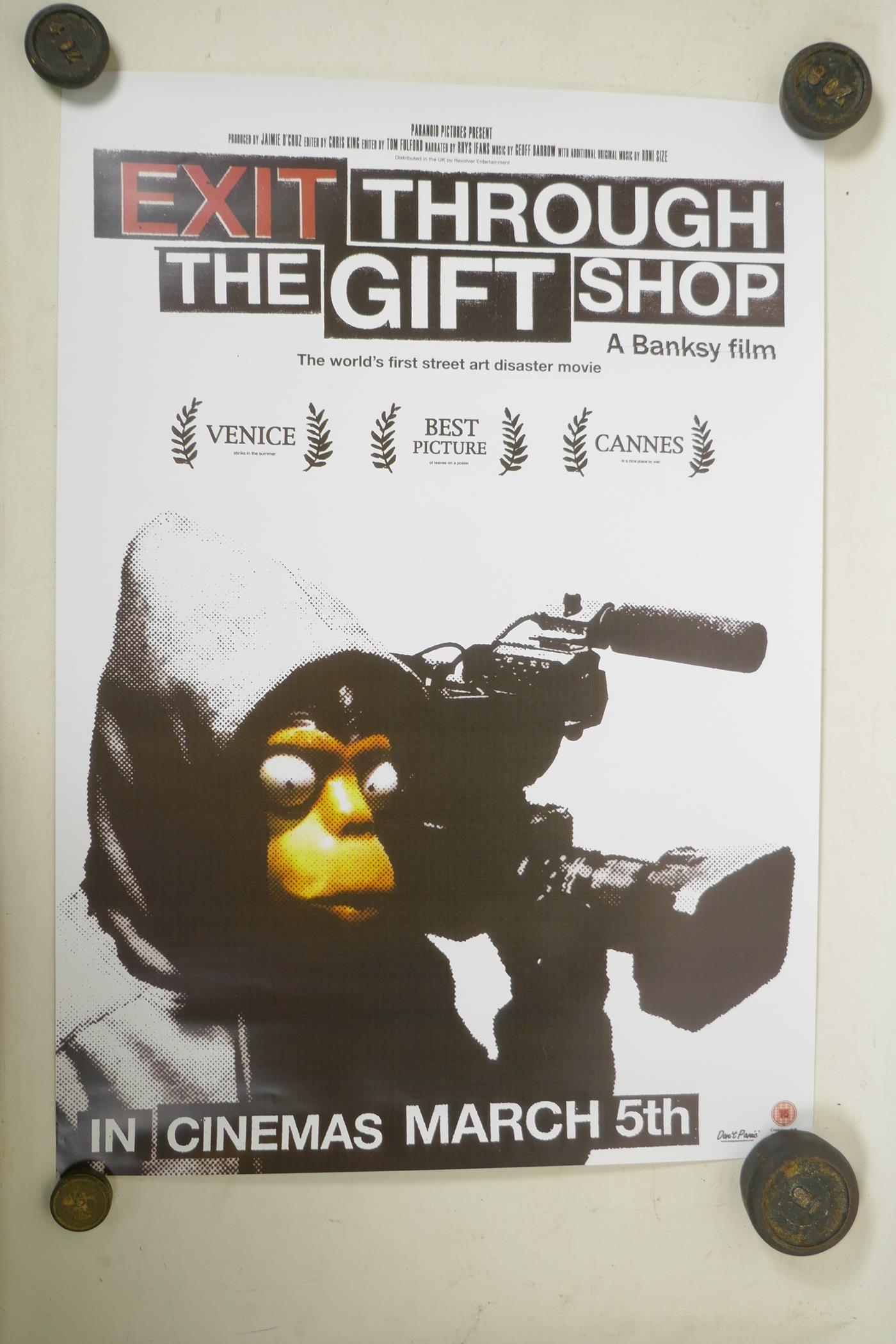 After Banksy, 'Exit through the Gift Shop' film poster, 16" x 23" - Image 2 of 2