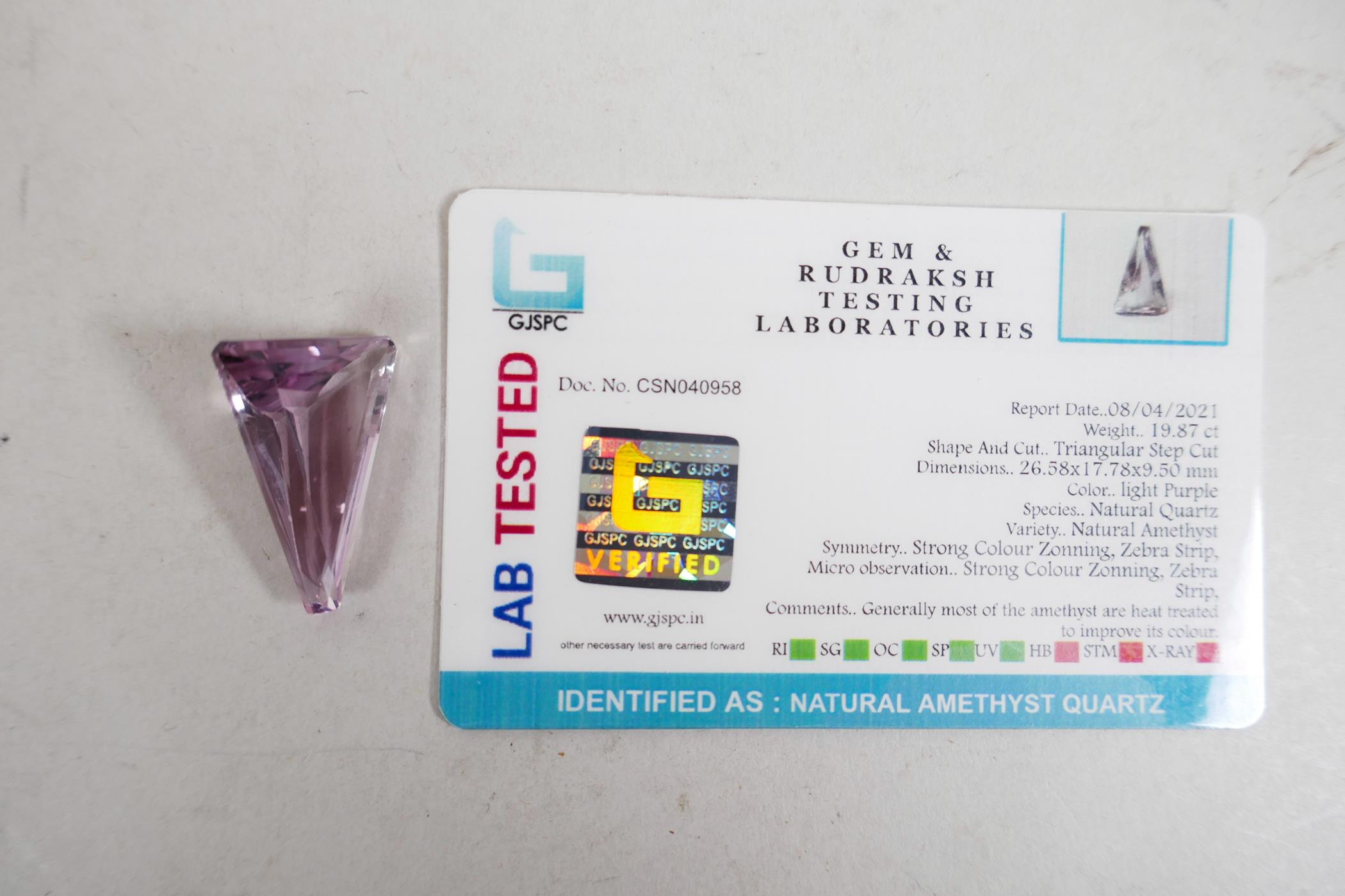 A 19.87ct natural amethyst, triangular GJSPC certified, with certificate - Image 5 of 5
