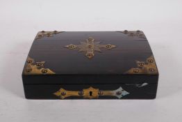 A C19th dome top coromandel and brass mounted playing card case, with Gothic style decoration, 9"