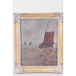 Maritime scene with fishing boats, signed Munthe, oil on millboard, 9½" x 7½"