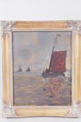 Maritime scene with fishing boats, signed Munthe, oil on millboard, 9½" x 7½"