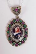 A 925 silver gilt Renaissance style pendant necklace, set with a cold enamel plaque depicting