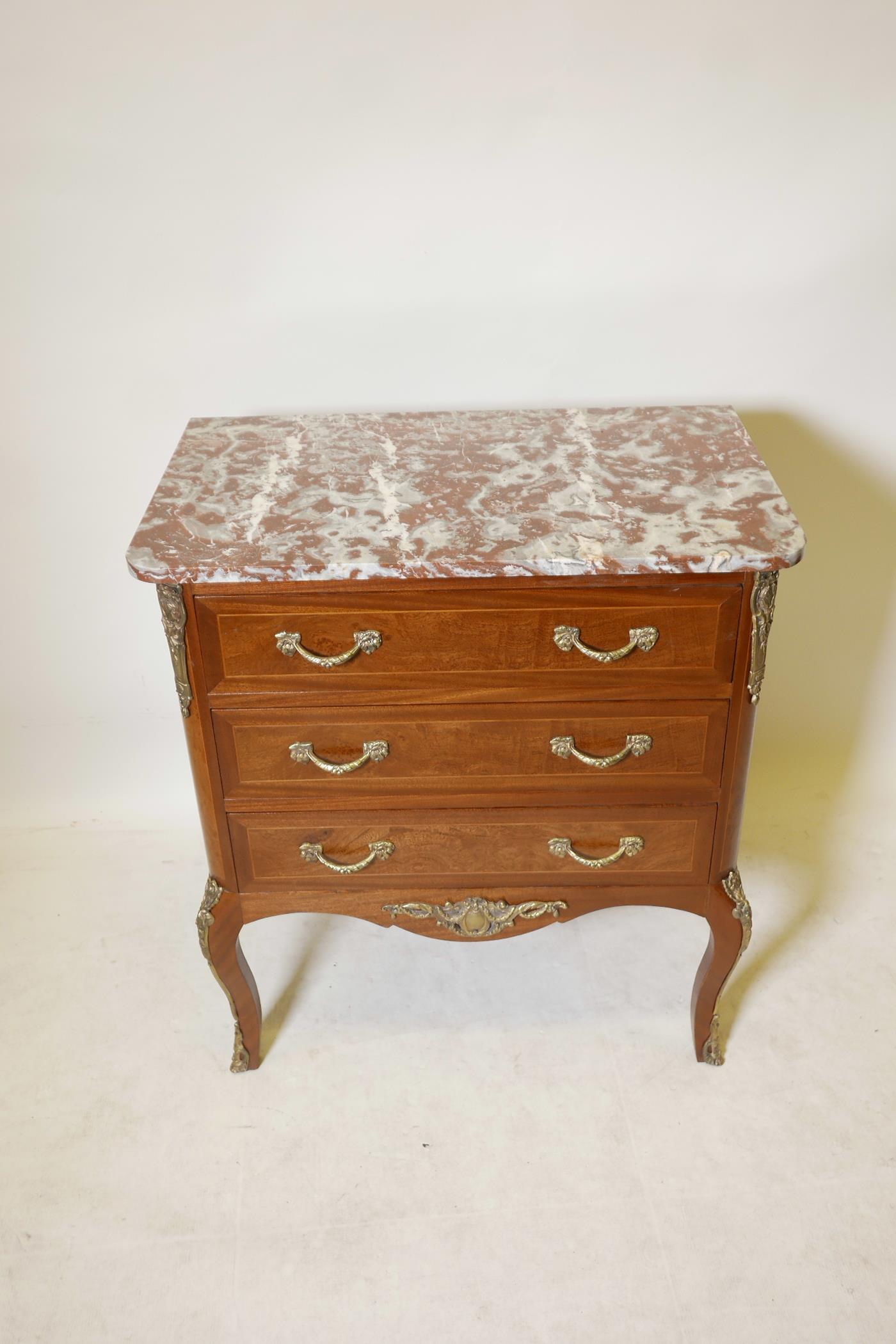 A marble topped mahogany three drawer commode with boxwood lining and inset burr walnut panels, with - Image 3 of 3