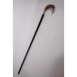 An ebony walking cane with horn handle and engraved hallmarked silver fittings (London 1927), 33"