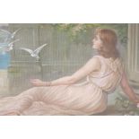 Young woman with doves, oil on canvas board, late C20th, signed A.L. Bond, 49" x 31"