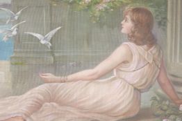 Young woman with doves, oil on canvas board, late C20th, signed A.L. Bond, 49" x 31"