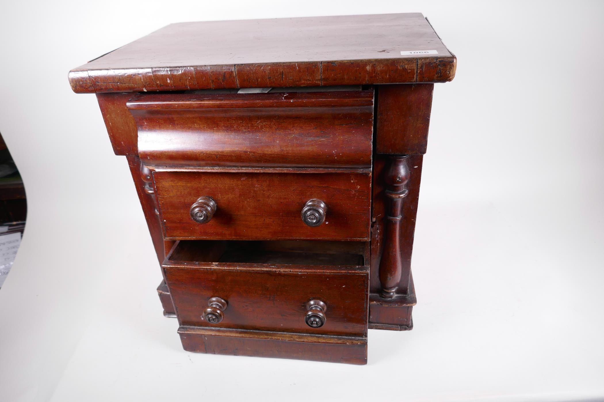 An apprentice piece mahogany scotch chest of three drawers, with turned knobs on side columns, 17" - Image 3 of 4