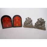 A pair of cast brass bookends in the form of three masted warships, 6" high, together with a pair of