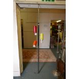 A mid century painted and chromed metal three spot light with a telescopic stand, 75" high,