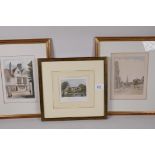 Three framed, hand coloured engravings, 'Milton Court manor house', 4½" x 4", and two street