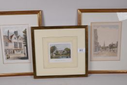 Three framed, hand coloured engravings, 'Milton Court manor house', 4½" x 4", and two street
