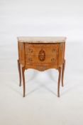 An inlaid burr walnut and elm two drawer bowfronted commode, with marble top and metal mounts,