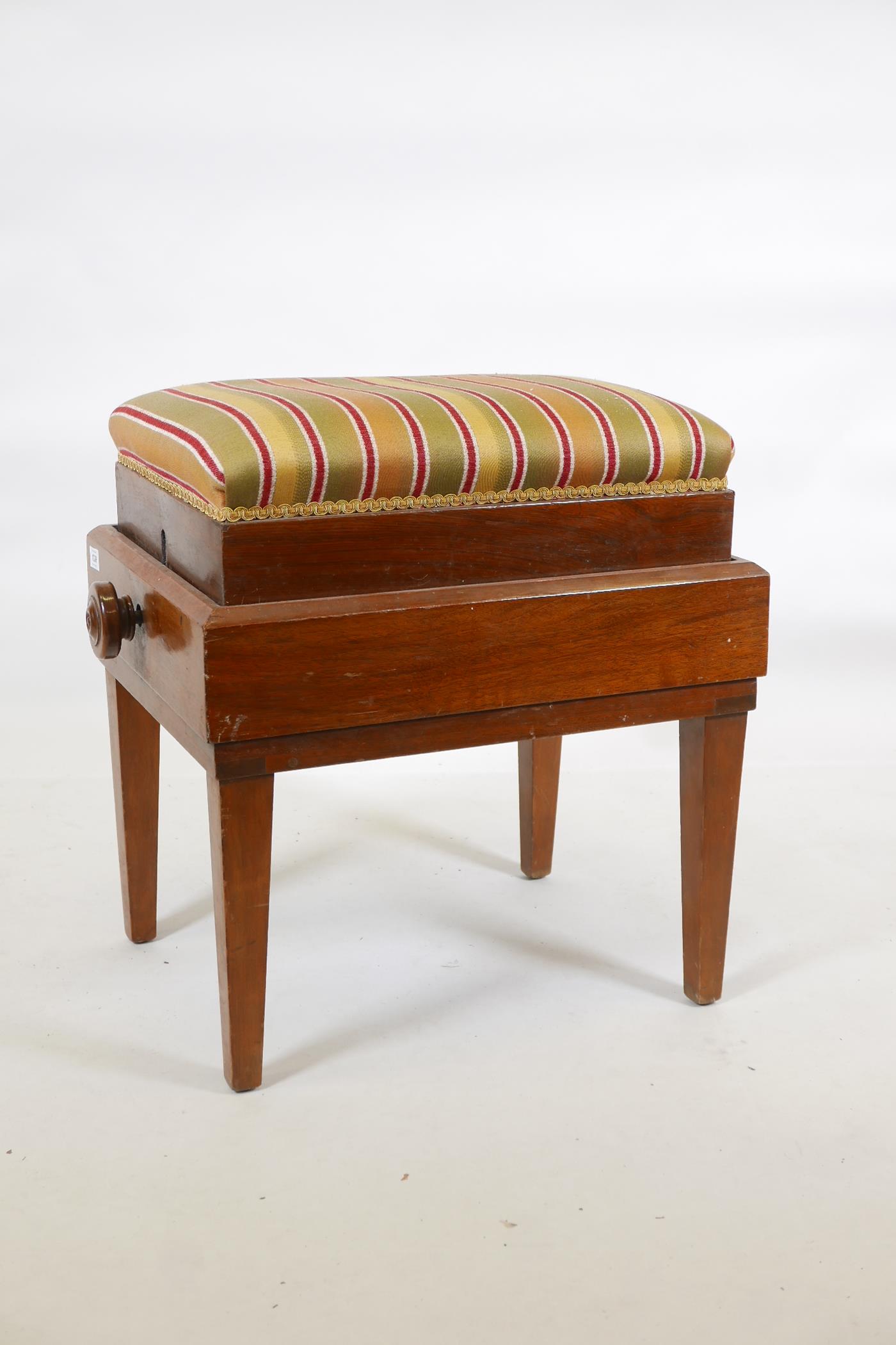 A mahogany piano stool, with wind up scissor action height adjustment, 17" x 22" X 23" - Image 2 of 3