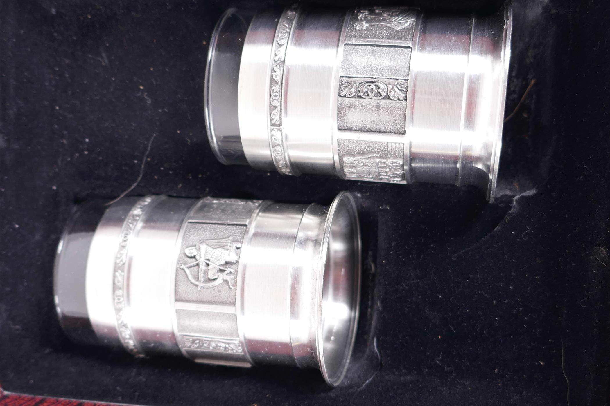 A boxed pair of Norwegian Konge Tinn pewter glass holders decorated with Viking ships and warriors - Image 3 of 4