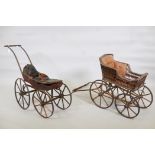 A vintage wood framed and cane child's pram, 36" x 13" x 29", and another, both A/F