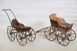 A vintage wood framed and cane child's pram, 36" x 13" x 29", and another, both A/F