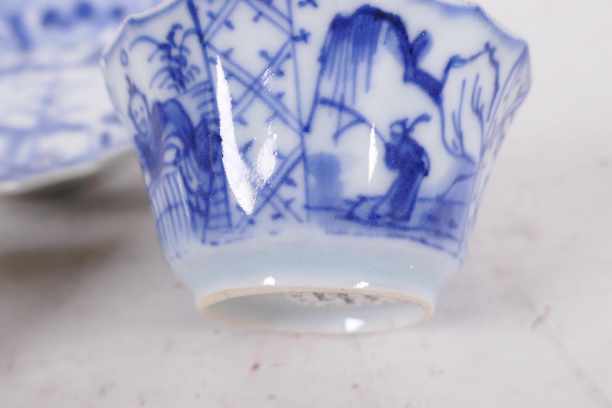 Two Chinese Yongzheng (1723-1735) blue and white fluted tea bowls with a matching saucer, saucer - Image 4 of 7