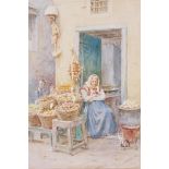 Walter Tyndale, figure with children at a market stall, signed, watercolour, 10½" x 8"
