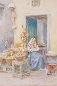Walter Tyndale, figure with children at a market stall, signed, watercolour, 10½" x 8"