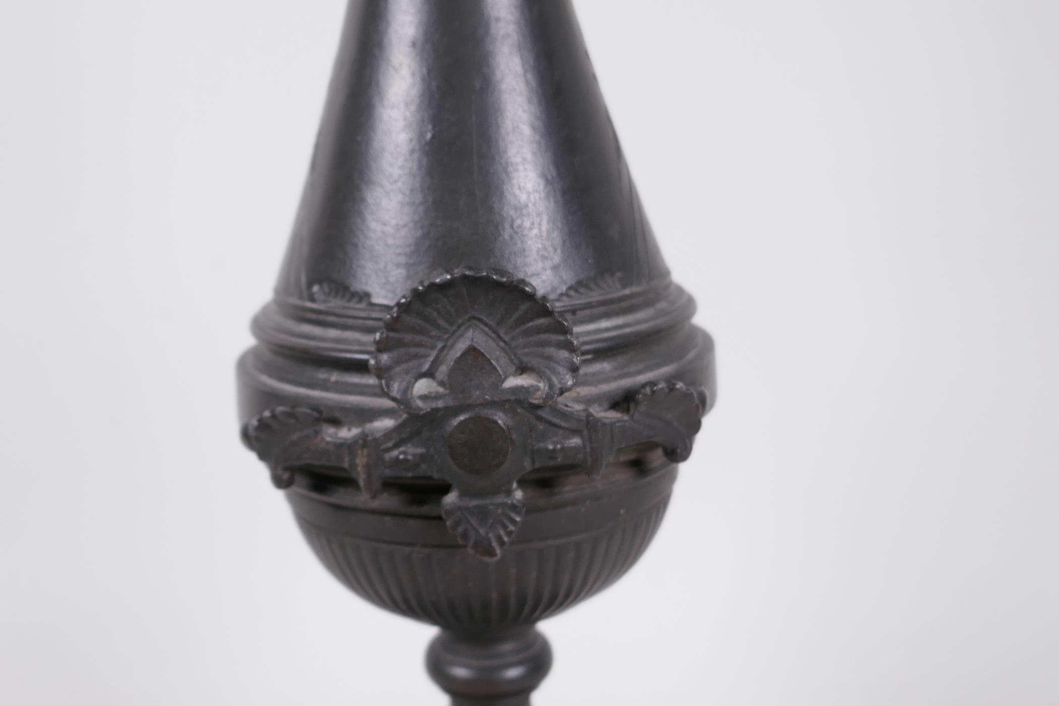 A C19th aesthetic bronze ewer with engraved and applied decoration, mounted on a marble base, 17" - Image 3 of 5