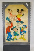 A printed acetate of Walt Disney characters, mounted in a metal framed lightbox, 36" x 64" x 3"