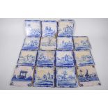 Fifteen antique Delft blue and white tiles decorated with figures, windmills, buildings and boats