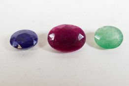 A lot of three gemstones, all Gemological Society of India certified, a 7.55cr blue sapphire, oval