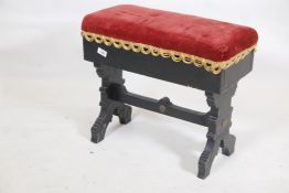 A C19th ebonised organ stool, with lift up top, 22" x 10" x 19"