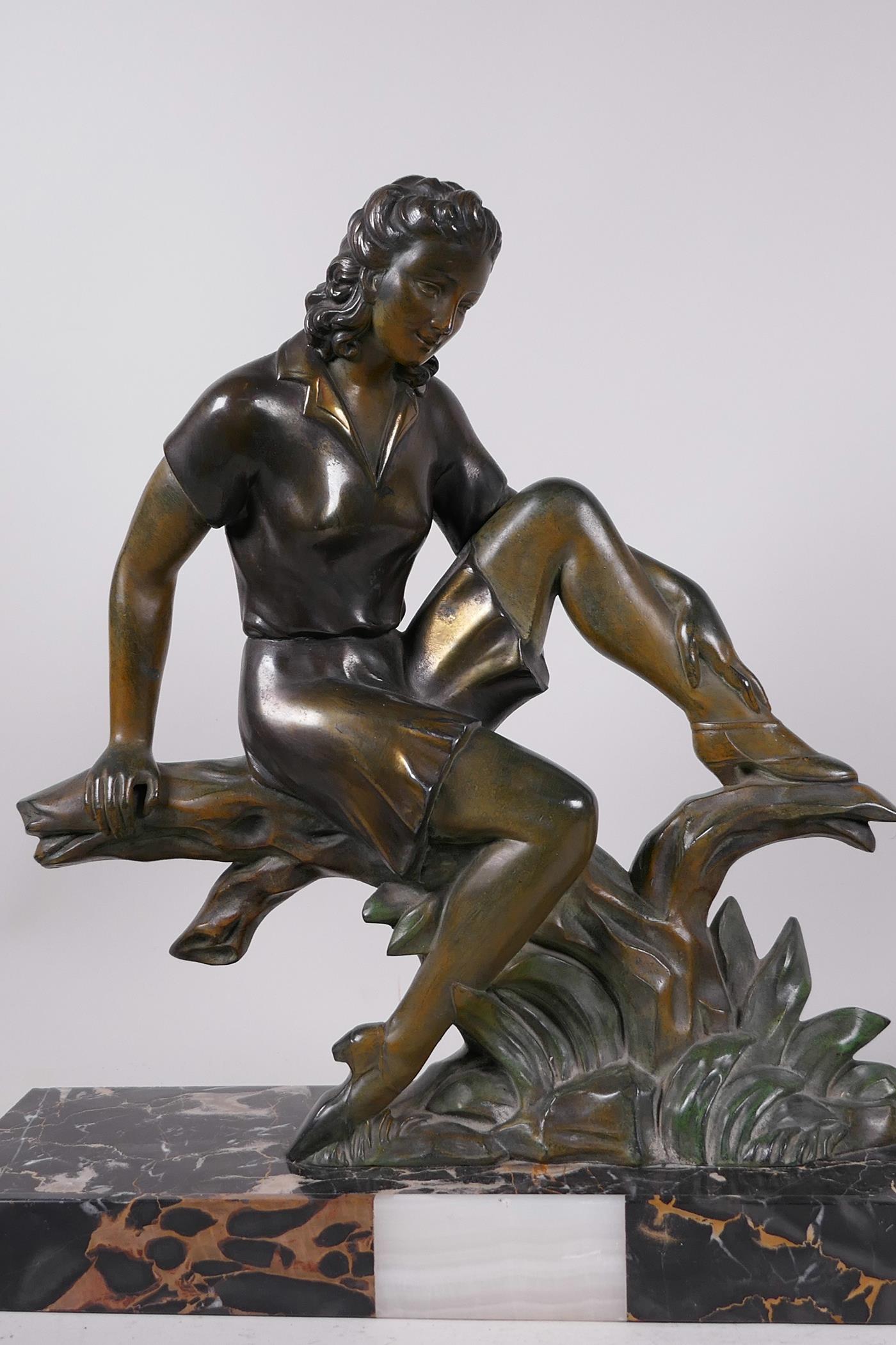 An Art Deco bronzed spelter figure of a young woman and a swan (perhaps referencing Heda), 22" x - Image 2 of 3