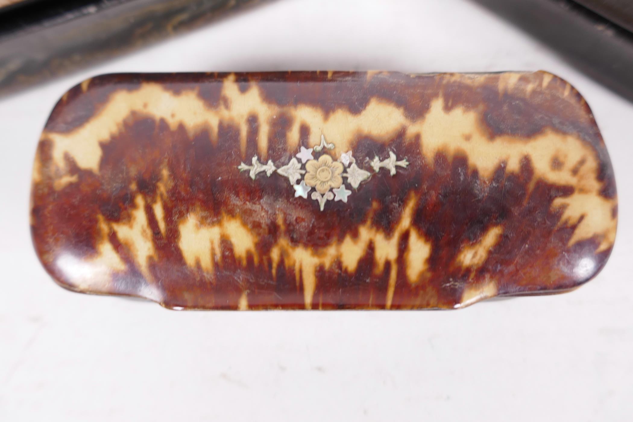 Three bone and tortoiseshell snuff boxes, the covers inlaid with silver, largest 4" long (3) - Image 2 of 3