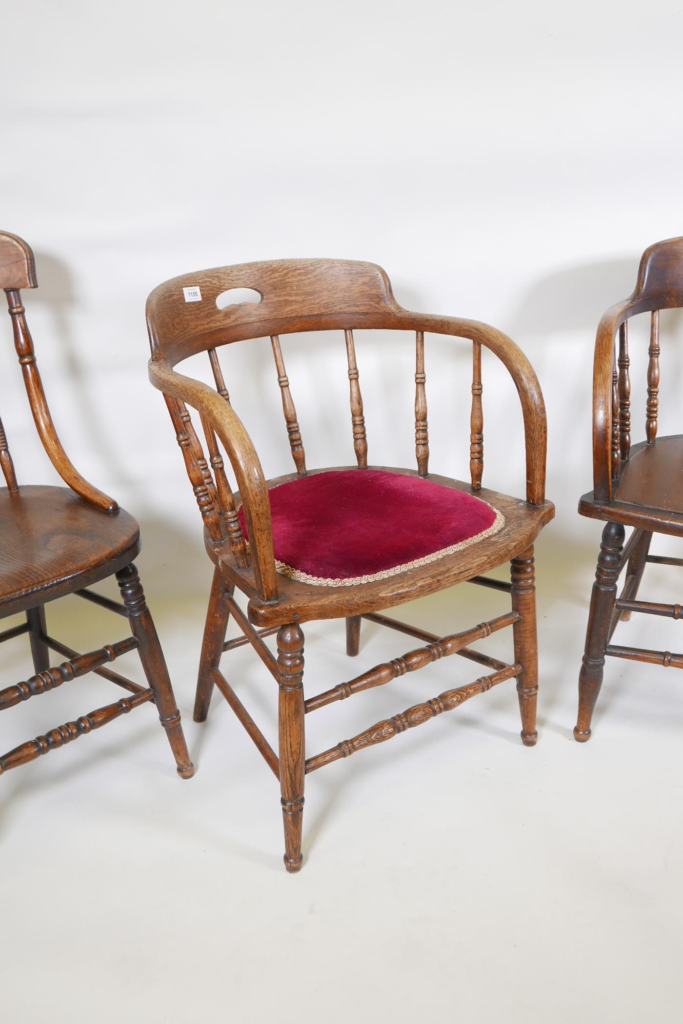 A near pair of C19th elm spindle back smoker's armchairs, and a similar pair of dining chairs, - Image 3 of 4