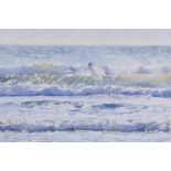 Anna Gordon-Smith, 'Canoeing through the surf' watercolour, pencil signed, 18" x 13"